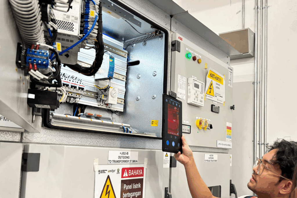 An engineer is maintaining the power aspect of EDGE DC data center