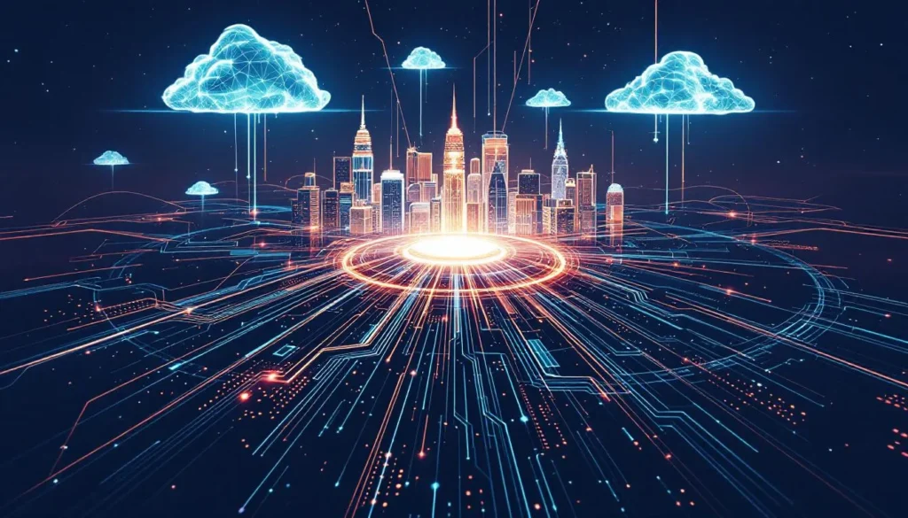 Ilustrasi ekosistem digital Indonesia, menunjukkan bagaimana Cloud Exchange Indonesia di sebuah data center pusat di Jakarta berfungsi sebagai hub interkoneksi, menghubungkan bisnis ke berbagai layanan multi-cloud melalui jalur koneksi privat yang cepat dan aman.