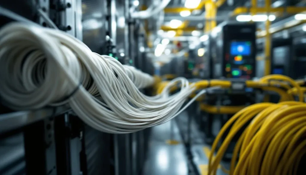 Gambaran ruang server dengan instalasi internet fiber optik yang terorganisir rapi, menunjukkan konektivitas bisnis yang stabil dan berkinerja tinggi.