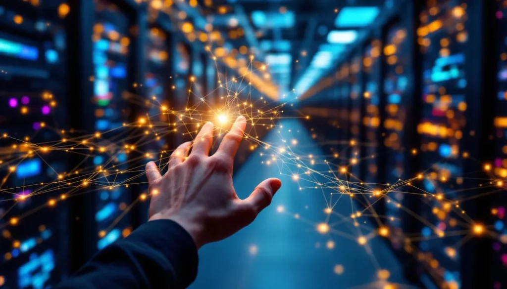 Alat Peering Coordinator: Interior data center modern dengan kabel optik dan jalur jaringan bercahaya yang saling terhubung, serta proyeksi holografik aliran data. Sebuah tangan terlihat memantau, menunjukkan pengelolaan konektivitas jaringan yang canggih.